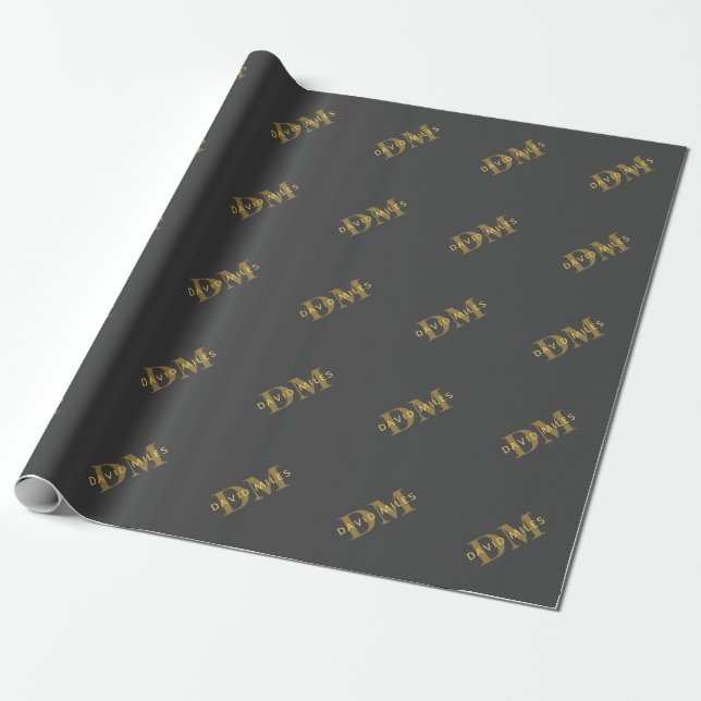 Papel De Regalo Nombre y monograma de estilo | Oro y gris oscuro (Desenrollado)