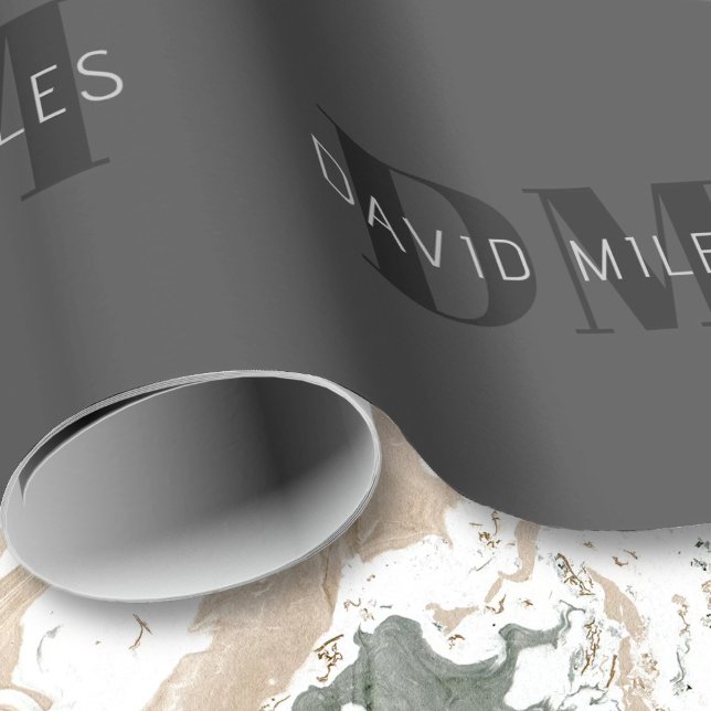 Papel De Regalo Nombre y monograma editable gris oscuro y negro mo (Subido por el creador)