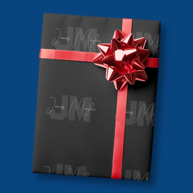 Papel De Regalo Nombre y monograma modernos | Gris y negro (Subido por el creador)