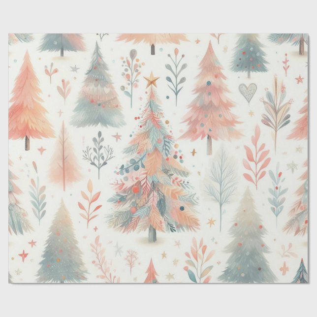 Papel De Regalo Nordic Pastel Pink and Green Christmas Tree  (Superficie plana)