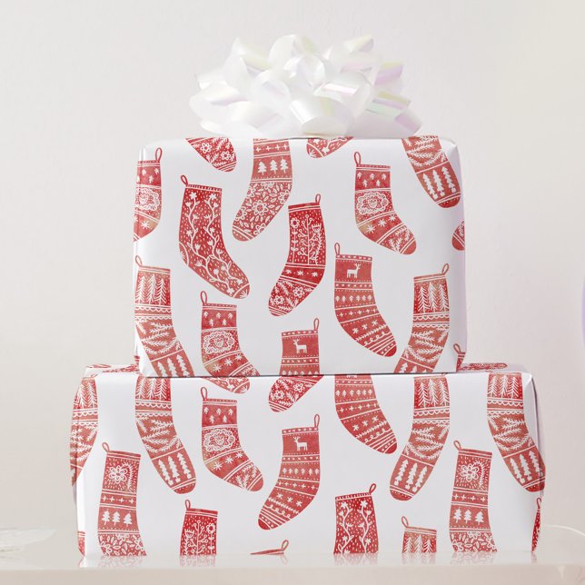 Papel De Regalo Nordic Stockings Scandinavian Christmas Red White (Nordic stockings red and white Christmas winter holidays gift wrap roll)