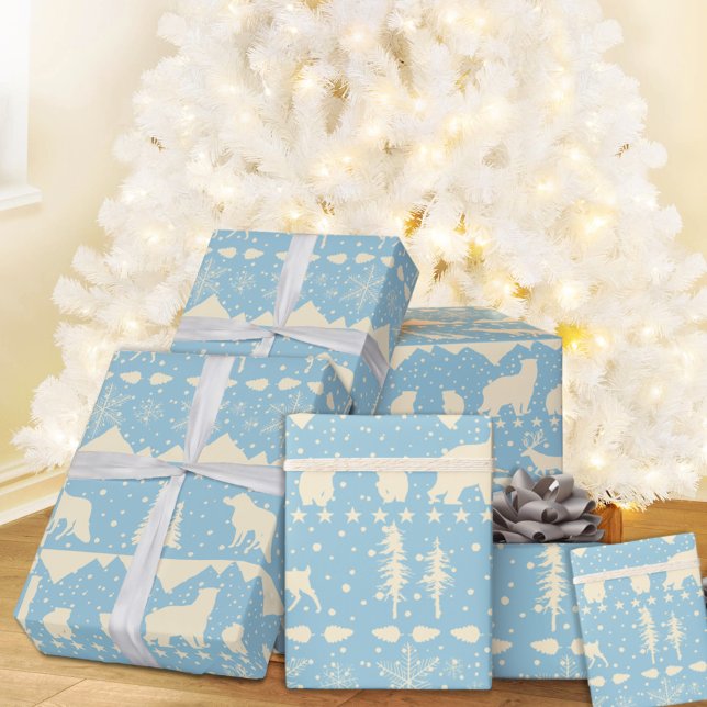Papel De Regalo Nórdico Sweater Beige Winter Animales Blue Sky (Nordic Sweater Blue & Beige Winter Animals Christmas Holiday Wrapping Paper Rolls)