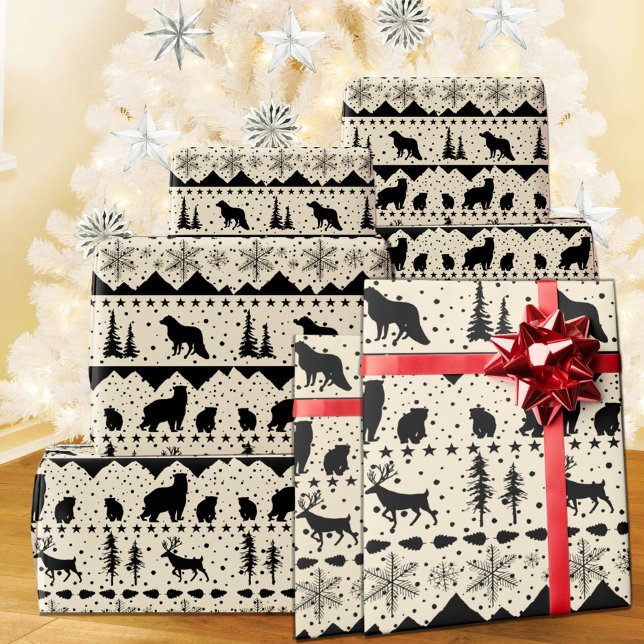 Papel De Regalo Nórdico Sweater Black Winter Animals Beige (Nordic Sweater Creamy White & Black Winter Animals Christmas Holiday Wrapping Paper Rolls)