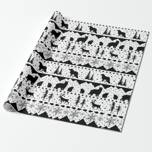 Papel De Regalo Nórdico Sweater Black Winter Animals White (Desenrollado)