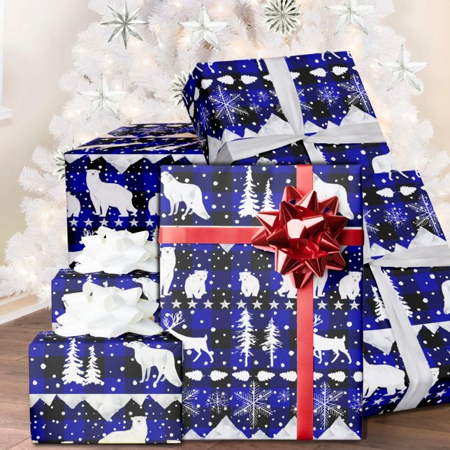 Papel De Regalo Nórdico Sweater Blue Buffalo Harto de Animales de  (Nordic Sweater Blue Black Buffalo Plaid White Winter Animals Christmas Holiday Wrapping Paper Rolls)
