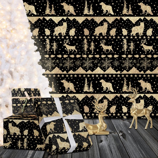 Papel De Regalo Nórdico Sweater Gold Animales de invierno Negro (Nordic Sweater Gold Winter Animals Black Christmas Holiday Gift Wrapping Rolls in 6 & 15' lengths.)