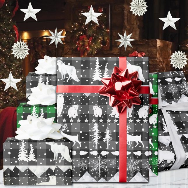 Papel De Regalo Nórdico Sweater Gray Plaid White Winter Animales (Nordic Sweater Gray Black Buffalo Plaid White Winter Animals Christmas Holiday Wrapping Paper Rolls)