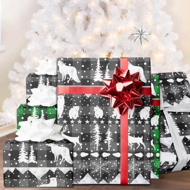 Papel De Regalo Nórdico Sweater Gray Plaid White Winter Animales (Nordic Sweater Gray Black Buffalo Plaid White Winter Animals Christmas Holiday Wrapping Paper Rolls)