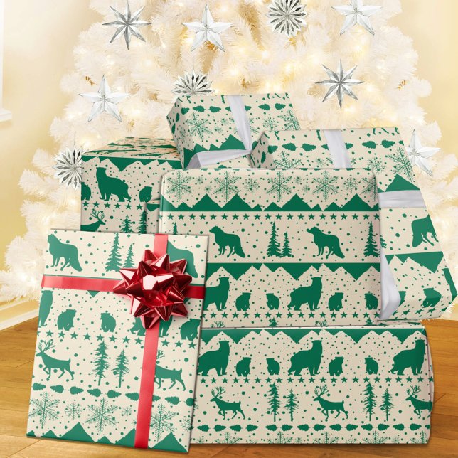 Papel De Regalo Nórdico Sweater Green Winter Animals Creamy Beige (Nordic Sweater Creamy White & Green Winter Animals Christmas Holiday Wrapping Paper Rolls)