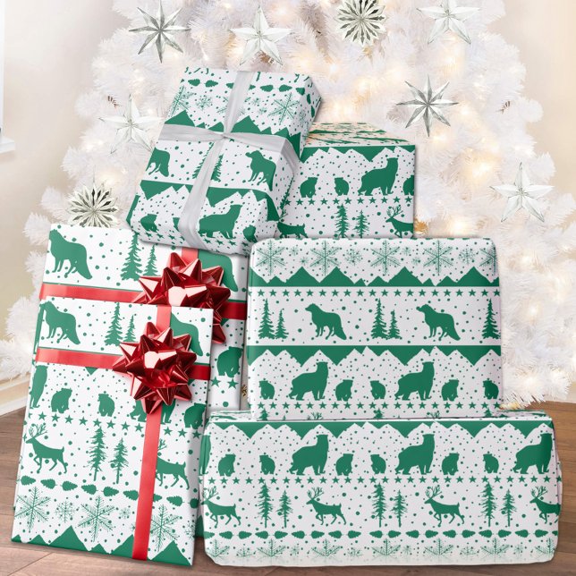 Papel De Regalo Nórdico Sweater Green Winter Animals White (Nordic Sweater Theme White With Green Winter Animals Christmas Holiday Wrapping Paper)