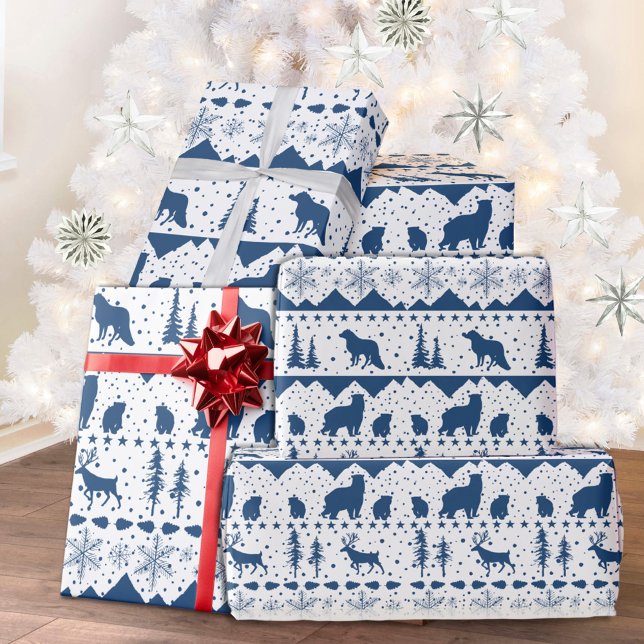 Papel De Regalo Nórdico Sweater Navy Blue Winter Animals White (Nordic Sweater Theme White & Blue Winter Animals Christmas Holiday Wrapping Paper Rolls)