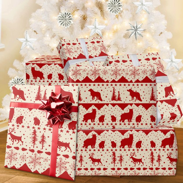 Papel De Regalo Nórdico Sweater Red Winter Animals Creamy Beige (Nordic Sweater Creamy White & Red Winter Animals Christmas Holiday Wrapping Paper Rolls)