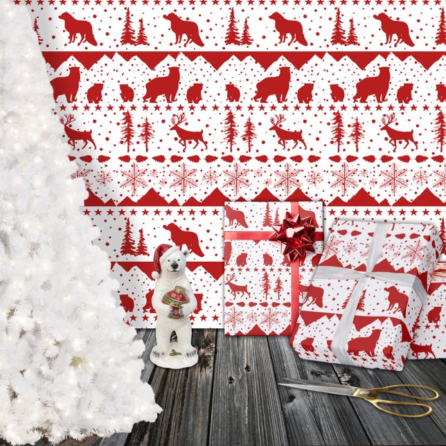 Papel De Regalo Nórdico Sweater Red Winter Animals White (Nordic Sweater Red Winter Animals White Christmas Holiday Gift Wrapping Paper Rolls)