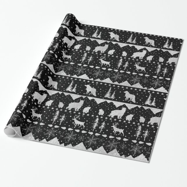 Papel De Regalo Nórdico Sweater Silver Animales de invierno Negro (Desenrollado)