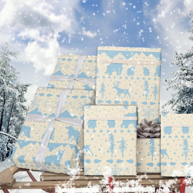 Papel De Regalo Nórdico Sweater Sky Blue Winter Animals Beige (Nordic Sweater Beige & Blue Winter Animals Christmas Holiday Wrapping Paper Rolls)