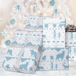 Papel De Regalo Nórdico Sweater Sky Blue Winter Animals White