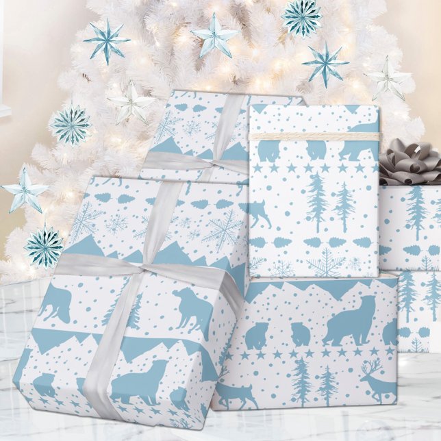 Papel De Regalo Nórdico Sweater Sky Blue Winter Animals White (Nordic Sweater White & Blue Winter Animals Christmas Holiday Wrapping Paper Rolls)