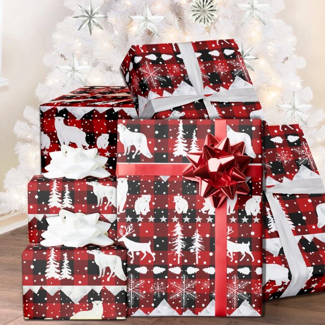 Papel De Regalo Nórdico Sweater White Red Plaid Winter Animales (Nordic Sweater Red Black Buffalo Plaid White Winter Animals Christmas Holiday Wrapping Paper Rolls)