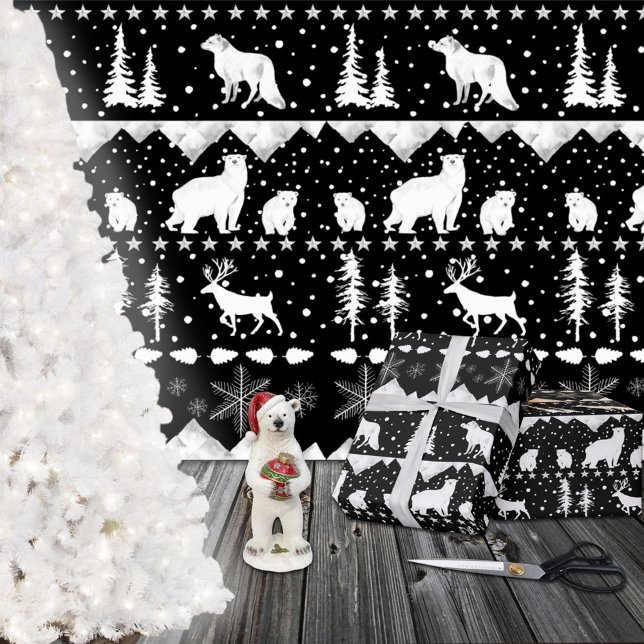 Papel De Regalo Nórdico Sweater White Winter Animals Black (Nordic Sweater White Winter Animals Black Christmas Holiday Gift Wrapping Rolls)