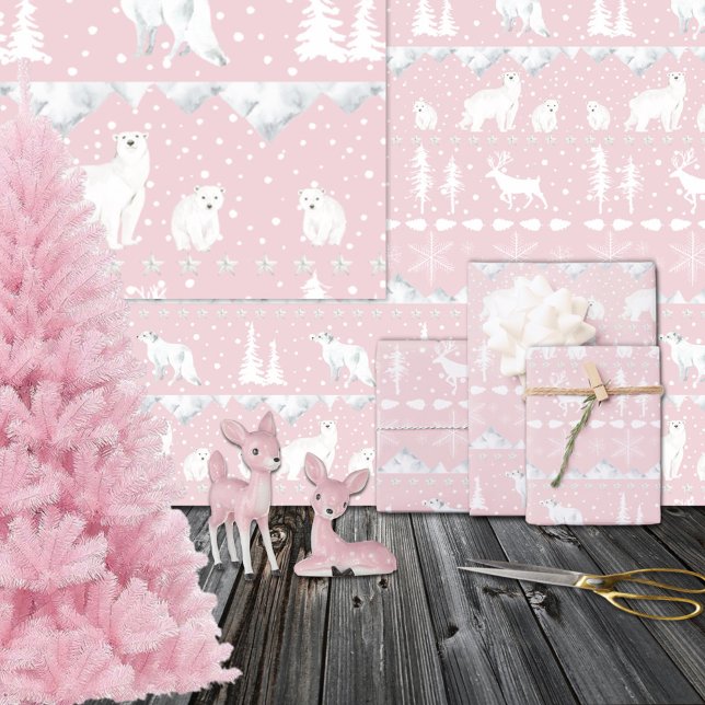 Papel De Regalo Nórdico Sweater White Winter Animals Bonito rosado (Nordic Sweater White Winter Animals Pretty Pink Wrapping Paper Rolls)