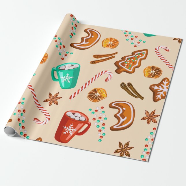 Papel De Regalo Nostálgica alegría navideña, galletas, cacao, cane (Desenrollado)