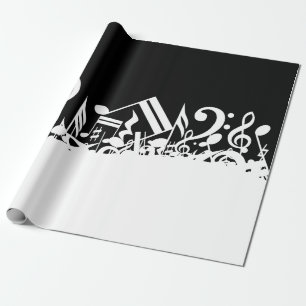 Papel De Regalo Notas musicales embarulladas blancas sobre negro