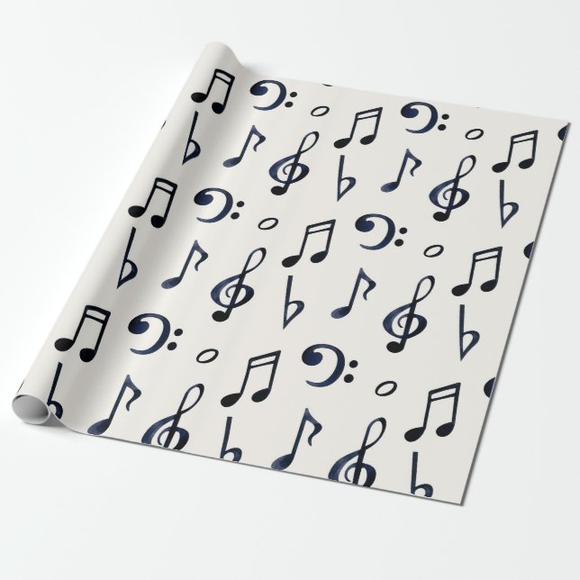 Papel De Regalo Notas Musicales Negras, Bass Treble Limpia El Blan (Desenrollado)