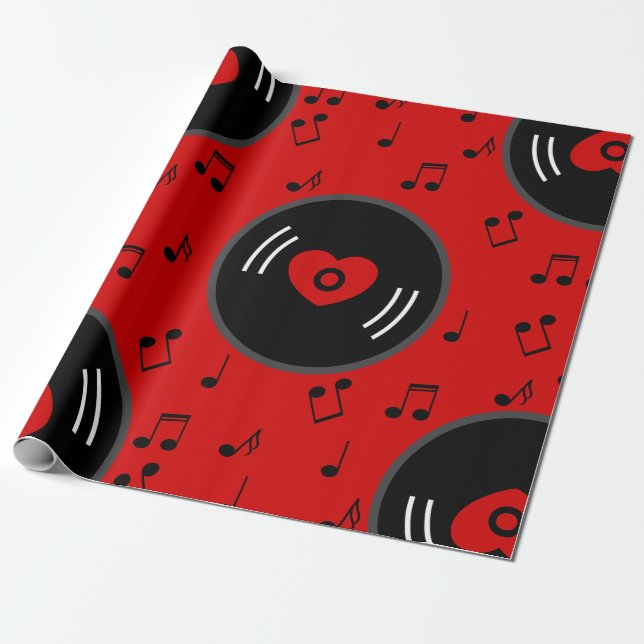 Papel De Regalo notas musicales rojo disco vinil (Desenrollado)