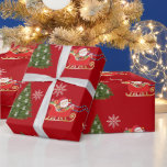 Papel De Regalo Novedades modernas de unicornio en Santa Copas de<br><div class="desc">Navidades de pelo envuelven papel con un unicornio tirando del trineo de Santa hacia un abeto adornado con baubles de plata. El unicornio tiene una cola y una manga roja y dorada y el trineo lleva a Santa junto con muchos regalos. Esta versión incluye copos de nieve en blanco y...</div>