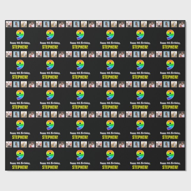 Papel De Regalo Noveno cumpleaños: Arcoiris "9"; fotos y nombre de (Superficie plana)