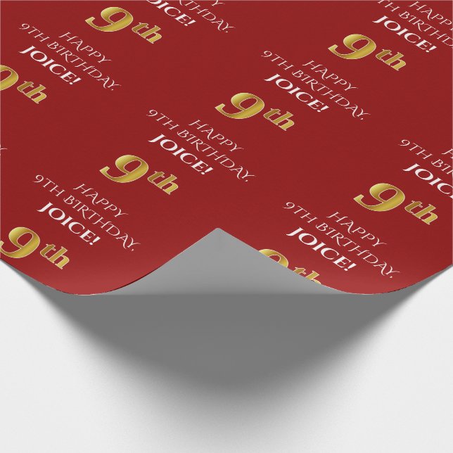 Papel De Regalo Noveno cumpleaños: Elegante, Rojo, falso aspecto d (Esquina)