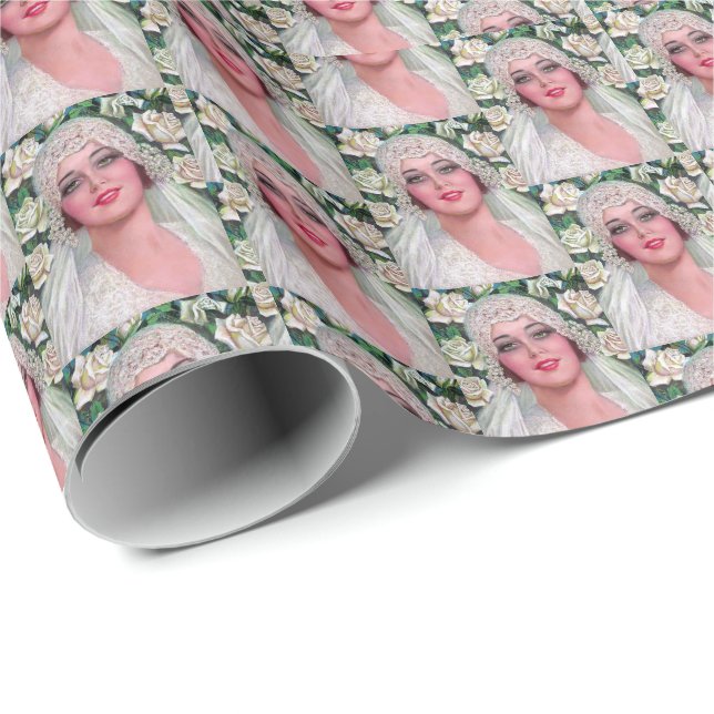 Papel De Regalo Novia Art Déco Vintage y Rosas Blancas Elegante  (Esquina del rollo)