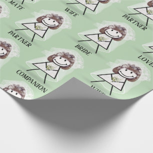 Papel De Regalo Novia Stick Girl con texto nupcial en verde