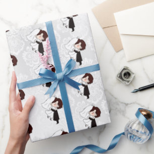 Papel De Regalo Novia y Groom en Damasco Blanco