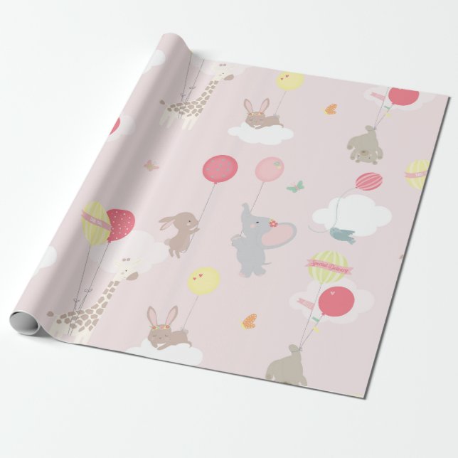 Papel De Regalo Nubes de animales rosados globos bebé (Desenrollado)