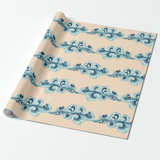 Papel De Regalo Nubes de Año Nuevo chino crema y azul (Desenrollado)