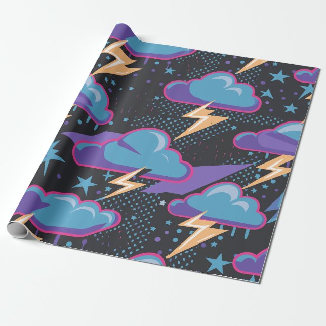 Papel De Regalo Nubes de tormenta, pernos de luz y patrón de estre (Desenrollado)