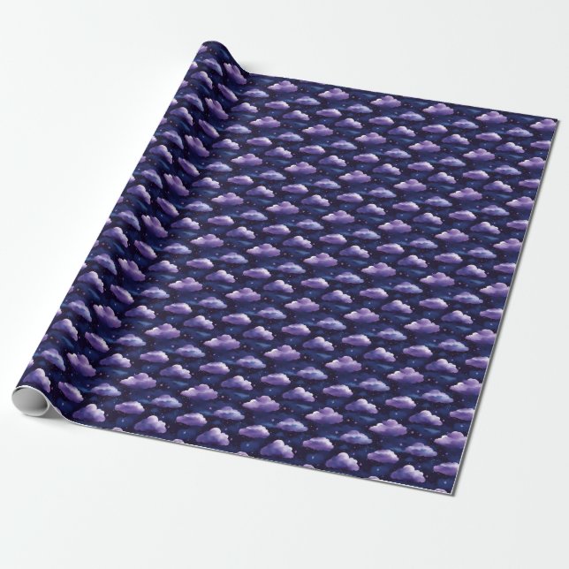 Papel De Regalo Nubes moradas y estrellas en negro (Desenrollado)