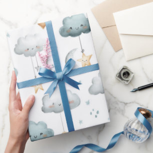 Papel De Regalo Nubes sonrientes azules y grises Estrellas doradas