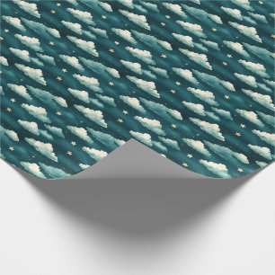 Papel De Regalo Nubes y estrellas en un Verde azulado oscuro