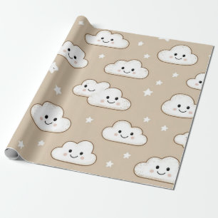 Papel De Regalo Nubes y estrellas sonrientes Kawaii sobre beige
