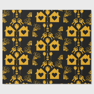 Papel De Regalo Nueva Casa Calentamiento Amarillo Sobre Negro