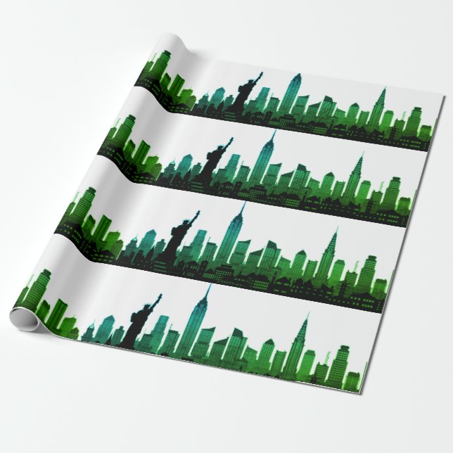 Papel De Regalo Nueva York Skyline Green Gran Apple Ciudad Moderna (Desenrollado)