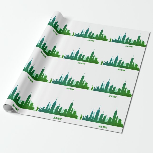 Papel De Regalo Nueva York Skyline Green Gran Apple Ciudad Moderna (Desenrollado)