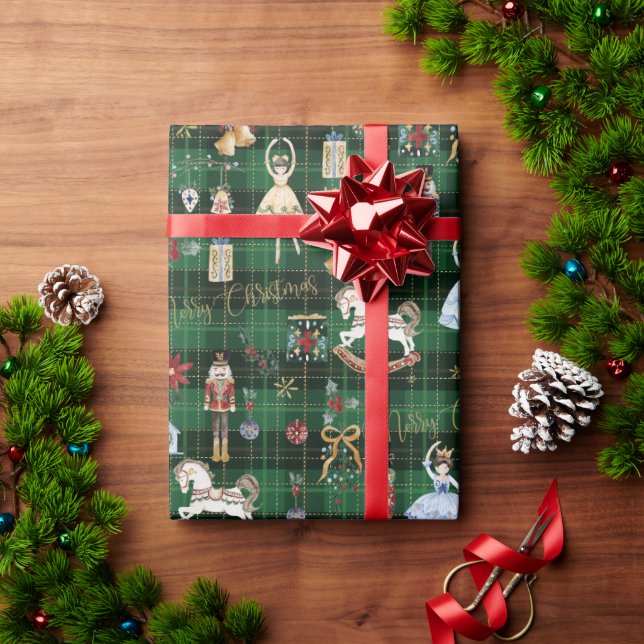 Papel De Regalo Nutcracker Ballet Feliz Navidad Plaid Verde (Regalo de vacaciones)