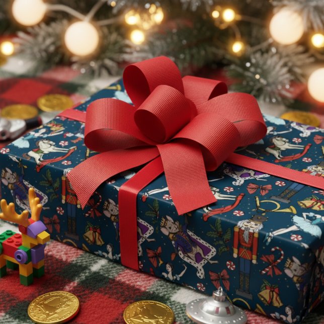 Papel De Regalo Nutcracker Mouse King Ballerina Navy Blue Xmas (Elegant Nutcracker Ballet Wrapping Paper. Navy Blue Vintage Nutcracker Ballerina Mouse King Pattern)