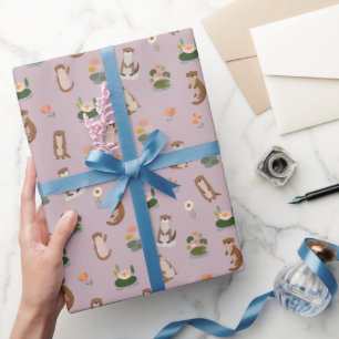 Papel De Regalo Nutrias y hojas de nenúfar en gris-rosa pastel