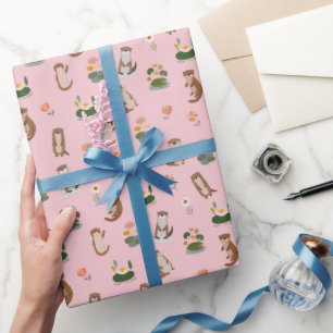 Papel De Regalo Nutrias y hojas de nenúfar en rosa claro