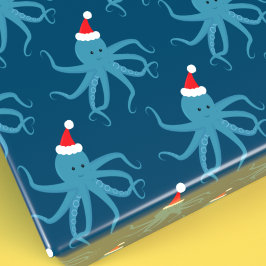 Papel De Regalo Octopus azul en vacaciones de Navidades de Santa H