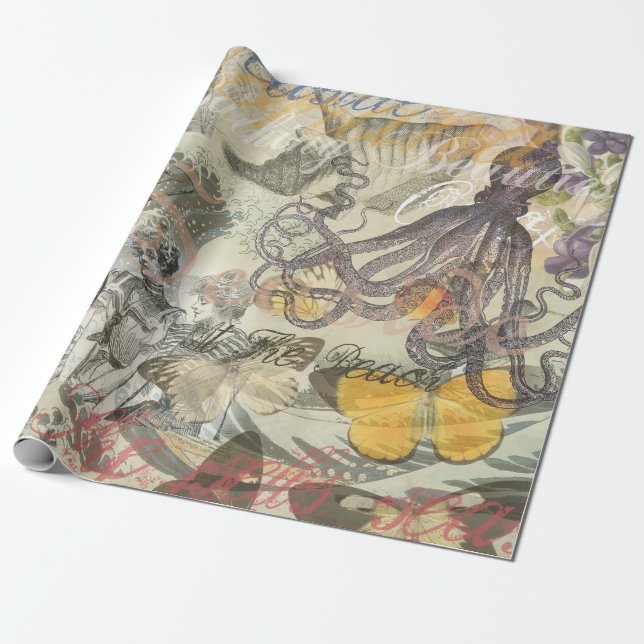 Papel De Regalo Octopus Beach Antique Coastal Steampunk (Desenrollado)